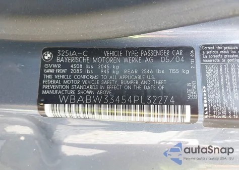 2004 BMW 325Ci из США, поврежденный, VIN WBABW33454PL32274